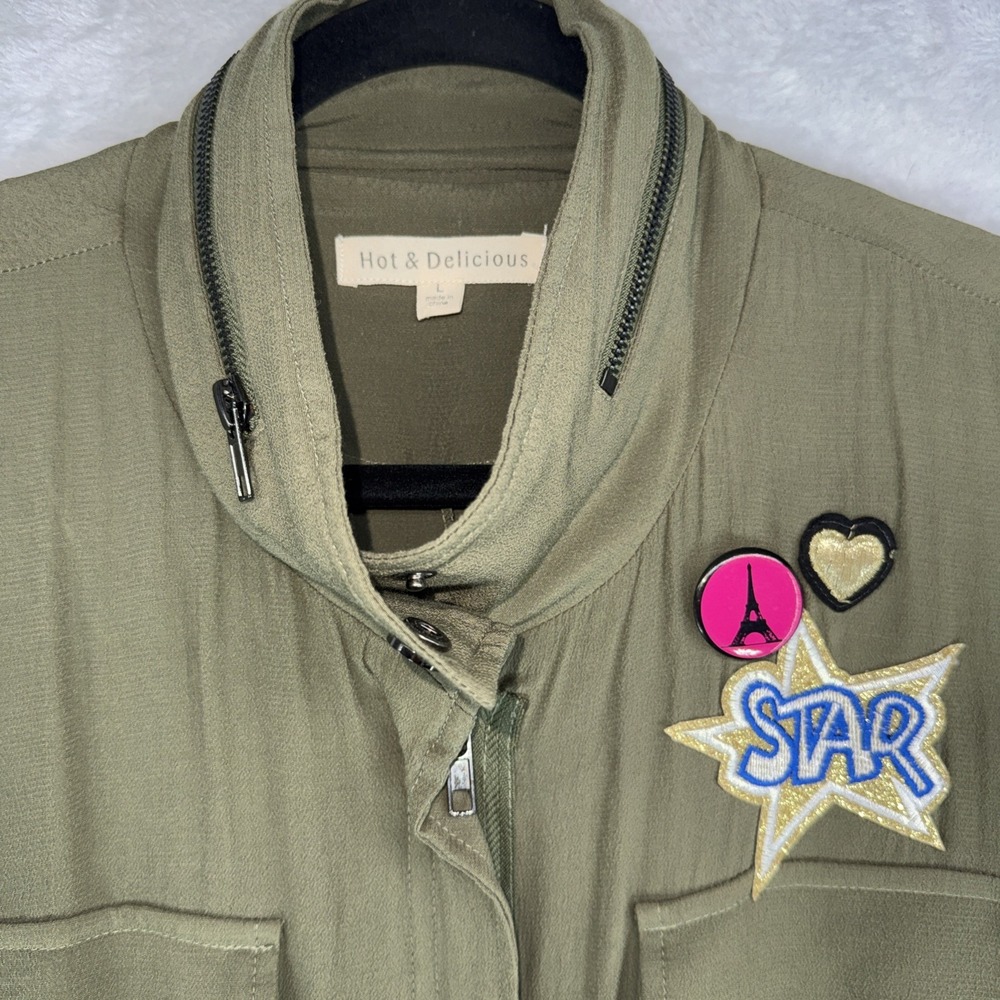 Military Style‎ Hot And Delicious Olive Jacket Roll Sleeves Zip Up Drawstring L